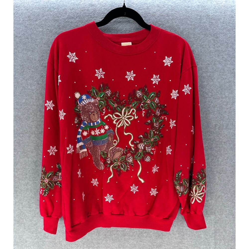 VTG Holiday Time 90s Womens M Oversized Tacky Christmas Bear Sweatshirt Wreath